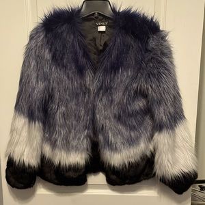 Venus faux fur coat gradient dark blue light blue, white, then black trim Size 2